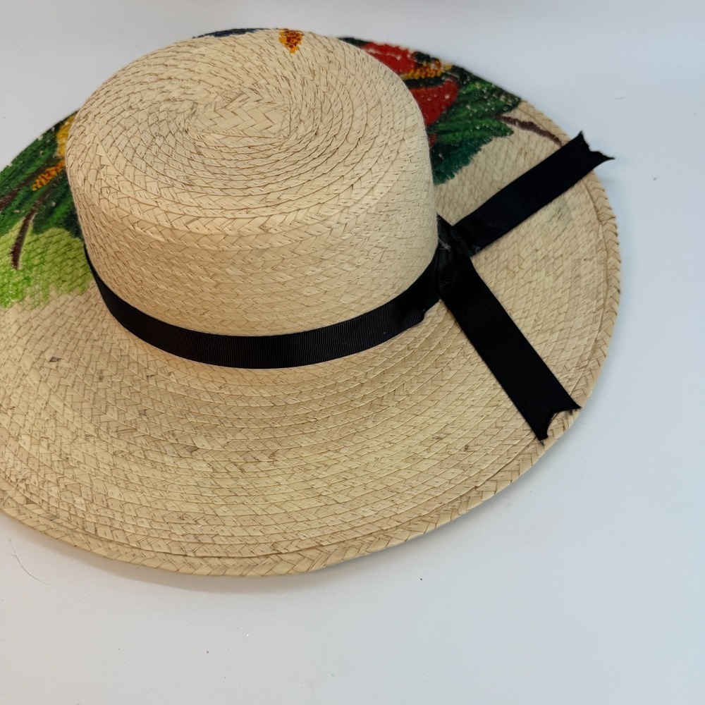 BOHO Hand Painted Artesian Signed Lilly Fedora Hat Floral Artsy SZ Large Ribbon - Picture 6 of 11